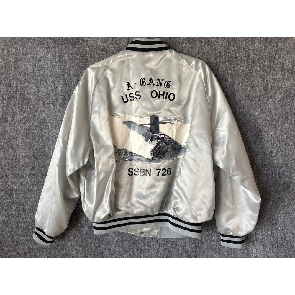 Vintage Aristo Jac USS Ohio SSBN 726 A-Gang Satin Bomber Jacket Silver Large